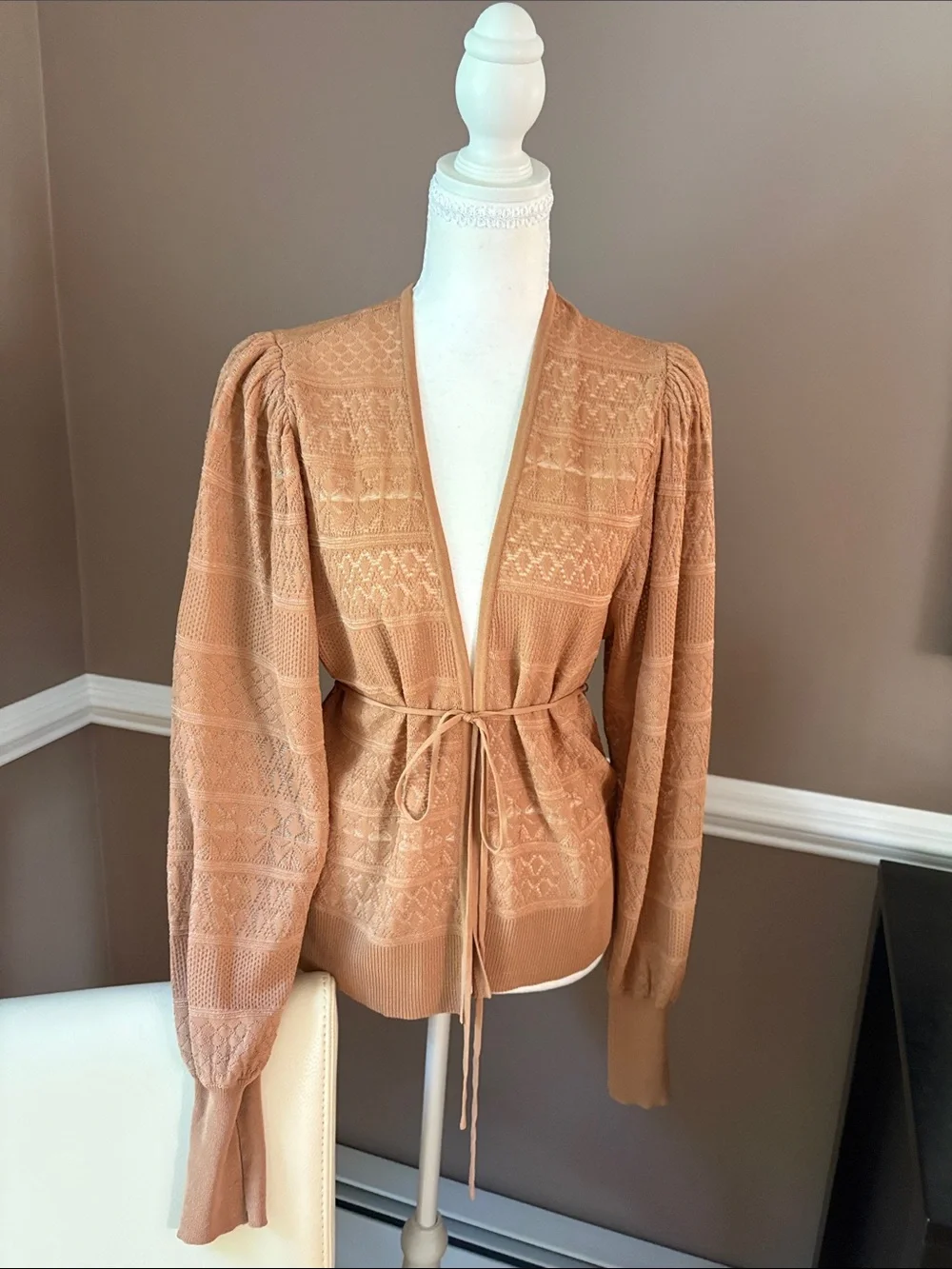 Express Textured Tie-Waist Cardigan in Camel